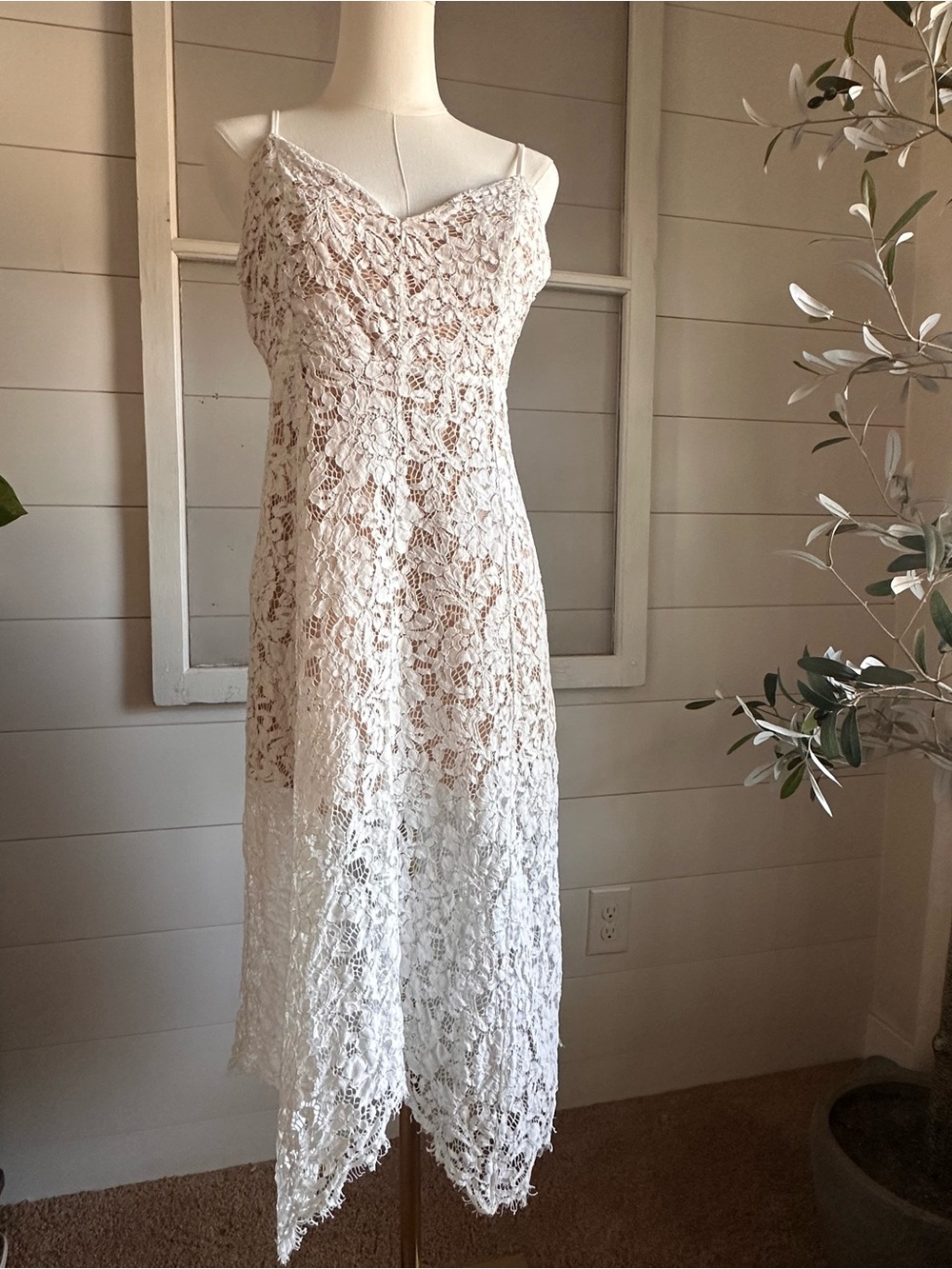 Lulu’s White Lace Slip Dress with Handkerchief Hem